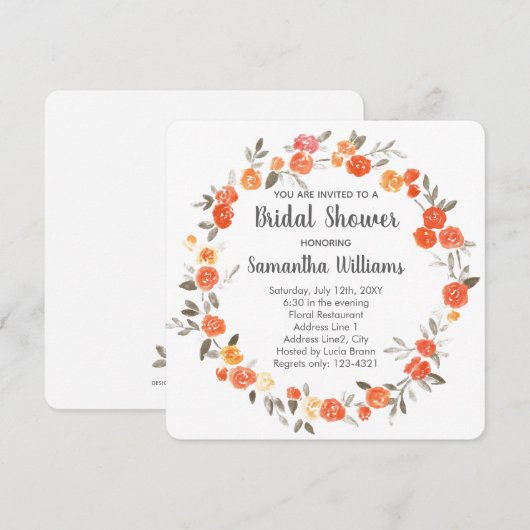 Oranje Floral Wreath Vrijgezellenfeest Invite Kaart (Voorkant / Achterkant)