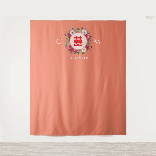 Oranje florale baars Chinese bruiloft Wandkleed (Voorkant)