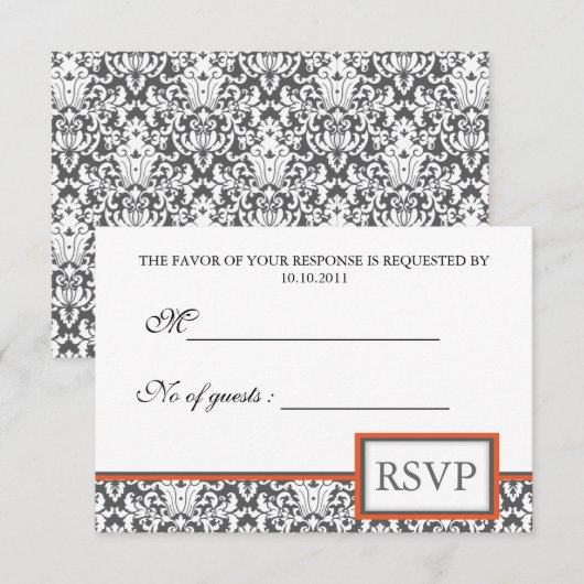 Oranje florale Damask RSVP Invite Kaartje (Voorkant / Achterkant)