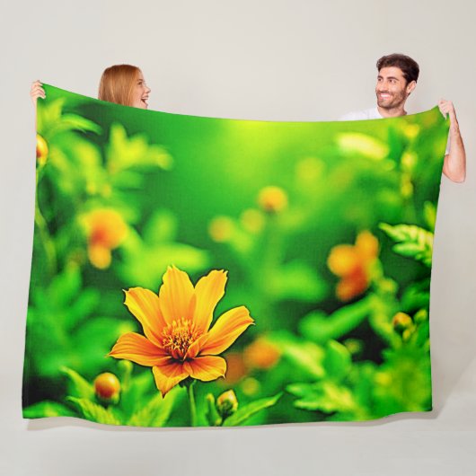 Oranje Flower Bokeh Sunny Fleece Deken (In situ)