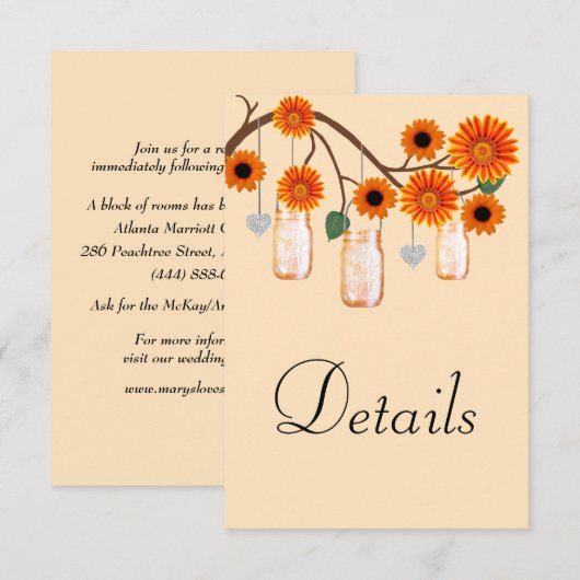 Oranje Flowers Mason Jars Wedding Details Informatiekaartje (Voorkant / Achterkant)