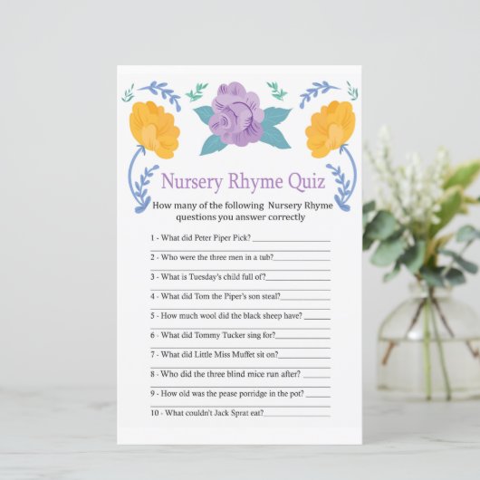Oranje Flowers Nursery Rhyme Quiz baby shower game (Staand voorkant)