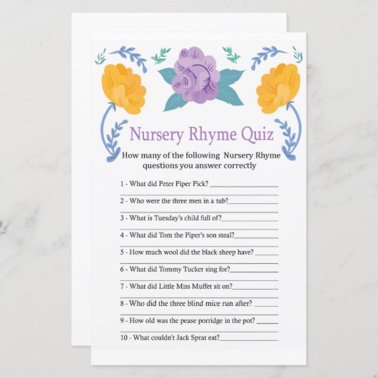 Oranje Flowers Nursery Rhyme Quiz baby shower game (Voorkant / Achterkant)