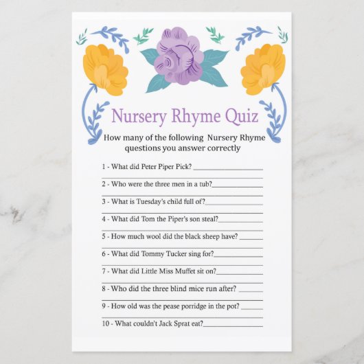 Oranje Flowers Nursery Rhyme Quiz baby shower game (Voorkant)