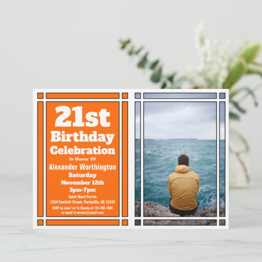 Oranje Foto 21st Birthday Party Invitation Kaart (Staand voorkant)