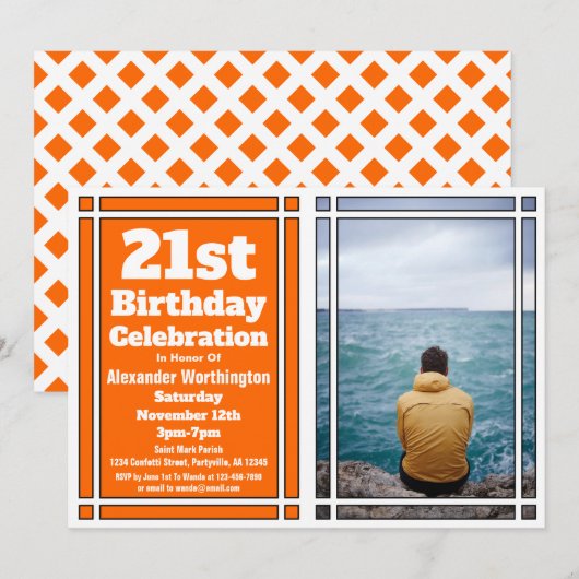 Oranje Foto 21st Birthday Party Invitation Kaart (Voorkant / Achterkant)