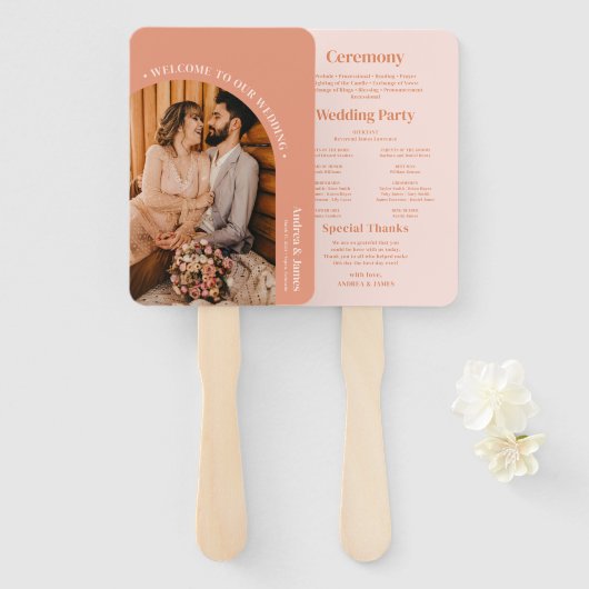 Oranje foto Boho Disco bruiloft programma Handwaaier (Voorkant en achterkant)