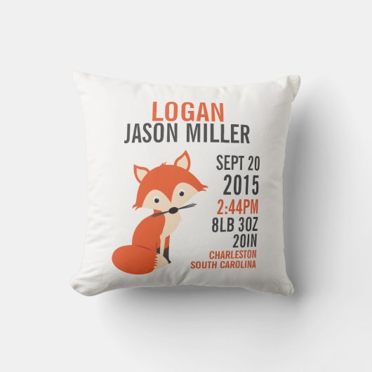 Oranje Fox Birth Announcement Nursery Pillow Kussen (Voorkant)