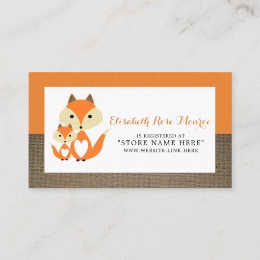 Oranje Fox Burlap Baby shower Gift Registry Informatiekaartje (Voorkant)