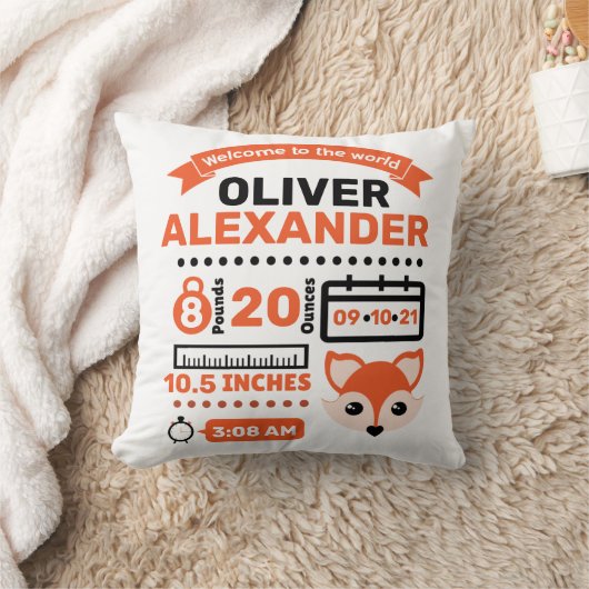 Oranje Fox Newborn Baby Stats Kussen (Deken)