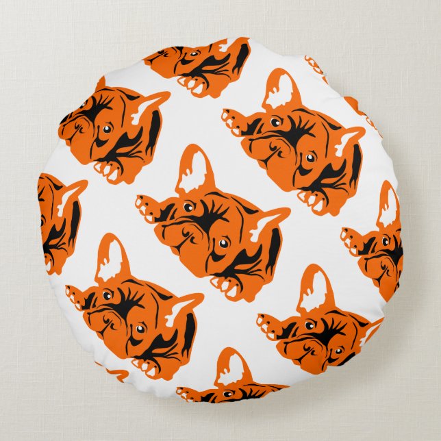 oranje Franse Bulldog Rond Kussen (Achterkant)