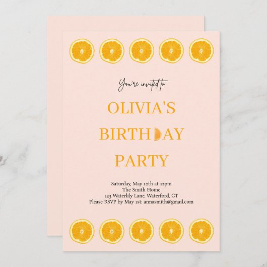 Oranje Fruit Fresh verjaardagsfeest uitnodiging (Voorkant / Achterkant)
