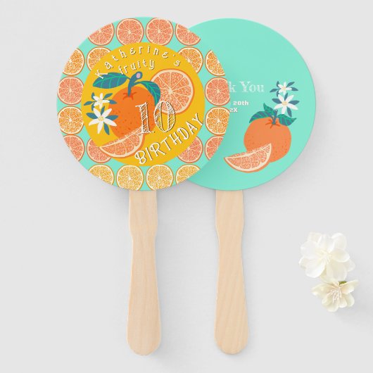 Oranje fruitige verjaardag Blauwgroen Handwaaier (Voorkant en achterkant)