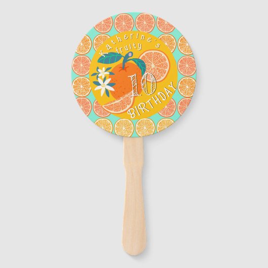 Oranje fruitige verjaardag Blauwgroen Handwaaier (Voorkant)