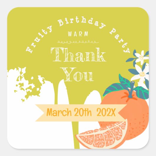Oranje Fruitige Verjaardag Groene Vierkante Sticke Sticker (Voorkant)