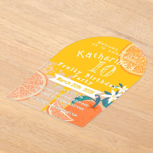 Oranje fruitige verjaardagsuitnodiging acryl uitnodigingen (Laagn)