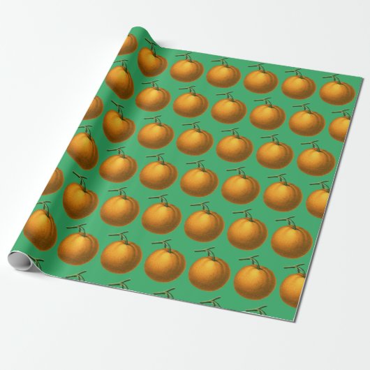  Oranje fruitpatroon met botanische  op groen Cadeaupapier (Uitgerold)