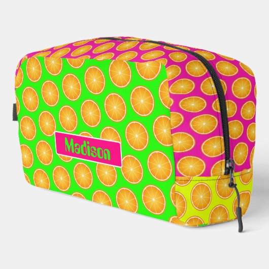 Oranje fruitplakken neon kleuren custom Naam Toilettasje (Rechterhoek)