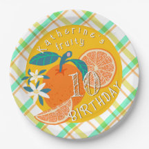 Oranje Fruity Plaid Verjaardagspapier Bord