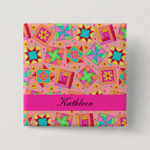 Oranje Fuchsia Patchwork Quilt Blocks Name Badge Vierkante Button 5,1 Cm