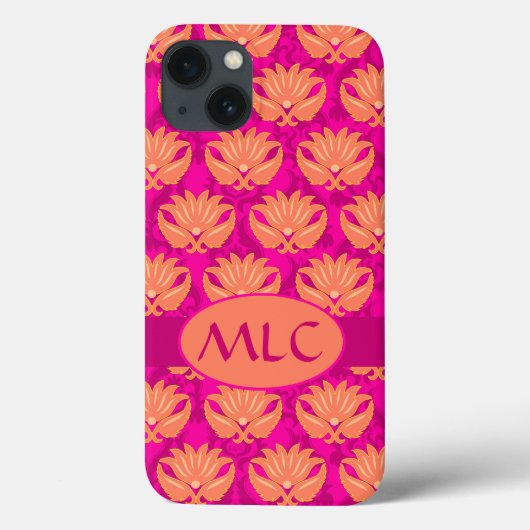 Oranje Fuchsia Pink Art Nouveau Damask Monogram Case-Mate iPhone Case (Achterkant)