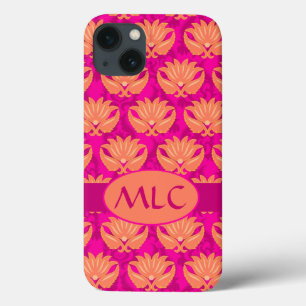 Oranje Fuchsia Pink Art Nouveau Damask Monogram iPhone 13 Hoesje