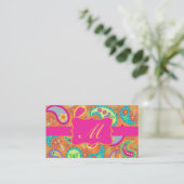 Oranje Fuchsia Pink Modern Paisley Monogram Visitekaartje (Staand voorkant)