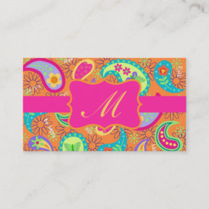 Oranje Fuchsia Pink Modern Paisley Monogram Visitekaartje