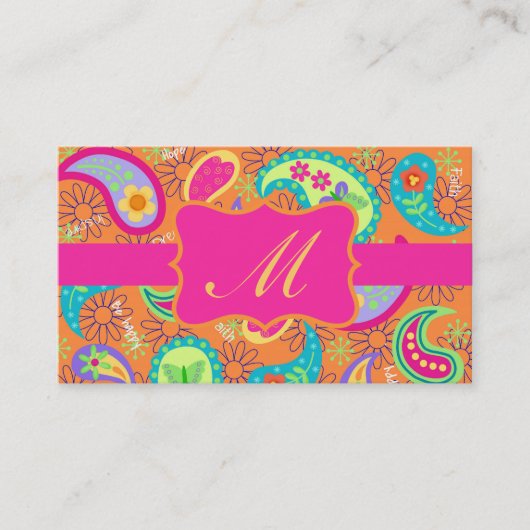 Oranje Fuchsia Pink Modern Paisley Monogram Visitekaartje (Voorkant)