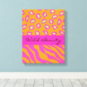 Oranje & Fuchsia Roze Zebra en Cheetah Gepersonali Canvas Afdruk (Insitu (Houten vloer))