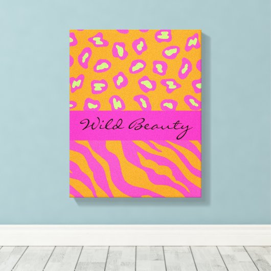 Oranje & Fuchsia Roze Zebra en Cheetah Gepersonali Canvas Afdruk (Insitu (Houten vloer))