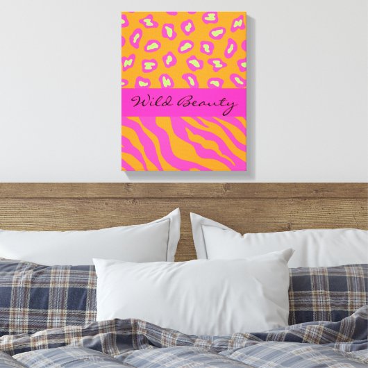 Oranje & Fuchsia Roze Zebra en Cheetah Gepersonali Canvas Afdruk (Insitu (Slaapkamer))