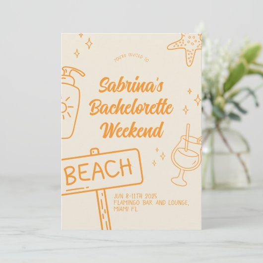 Oranje Fun Beach vrijgezellenfeest uitnodiging (Staand voorkant)