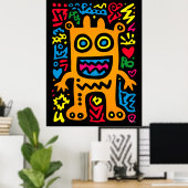 Oranje Funky Alien – Neon Pop Art Grappig Wezen Poster (Thuiskantoor)