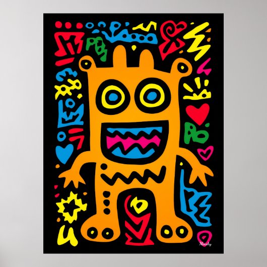 Oranje Funky Alien – Neon Pop Art Grappig Wezen Poster (Voorkant)