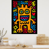 Oranje Funky Alien – Neon Pop Art Grappig Wezen Poster (Keuken)