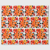Oranje funky bloemen & zwarte stippen cadeaupapier (Vlak)