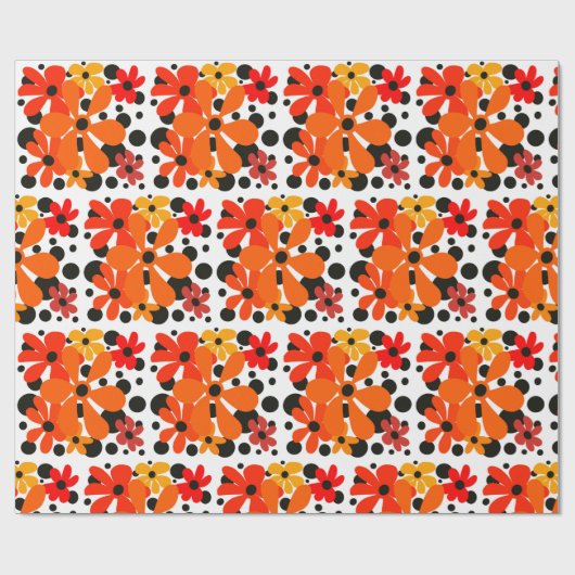 Oranje funky bloemen & zwarte stippen cadeaupapier (Vlak)