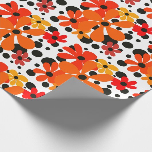 Oranje funky bloemen & zwarte stippen cadeaupapier (Hoek)