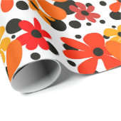 Oranje funky bloemen & zwarte stippen cadeaupapier (Rol Hoek)