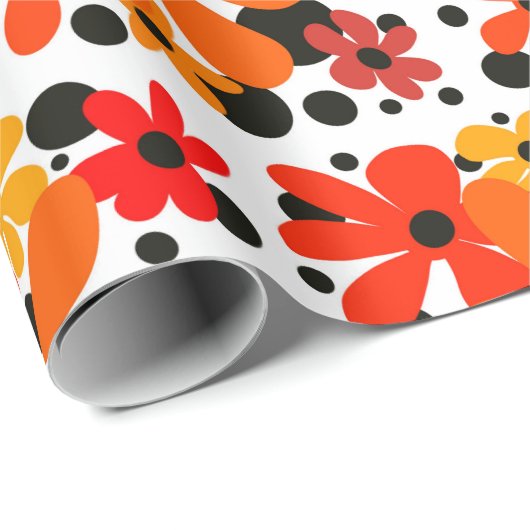 Oranje funky bloemen & zwarte stippen cadeaupapier (Rol Hoek)