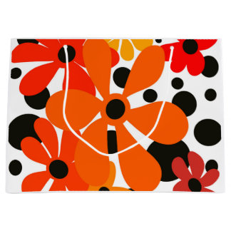 Oranje funky bloemen & zwarte stippen groot cadeauzakje