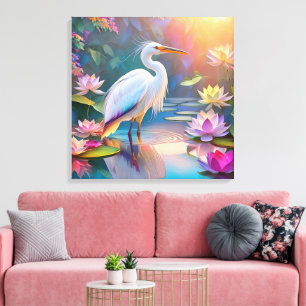 Oranje Gebekt Witte Reiger Fantasie Vogel Canvas Afdruk