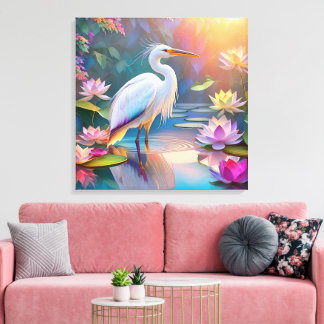 Oranje Gebekt Witte Reiger Fantasie Vogel Canvas Afdruk