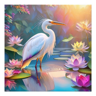 Oranje Gebekt Witte Reiger Fantasie Vogel Foto Afdruk