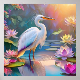 Oranje Gebekt Witte Reiger Fantasie Vogel  Poster