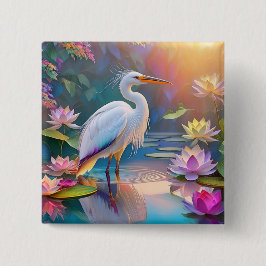 Oranje Gebekt Witte Reiger Fantasie Vogel  Vierkante Button 5,1 Cm