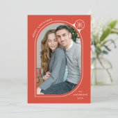 Oranje gebogen Lijst Snowflake Foto Feestdagenkaart (Staand voorkant)