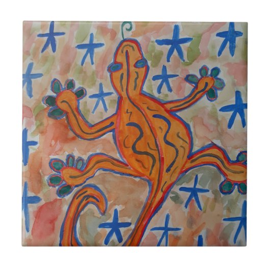 Oranje Gecko Ceramic Tile Tegeltje (Voorkant)