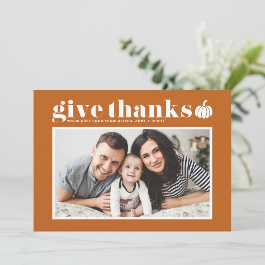 Oranje Geef Bedankt Foto Happy Thanksgiving Feestdagenkaart (Staand voorkant)
